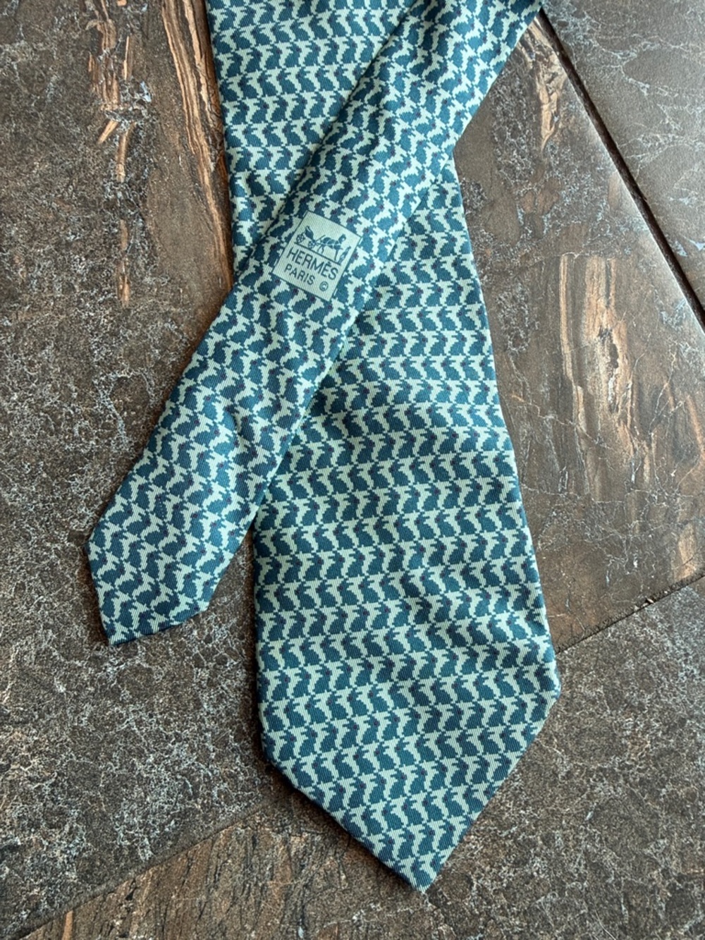 Hermès Paris Rabbit Pattern Silk Tie Teal 100% Silk Vintage Made in France